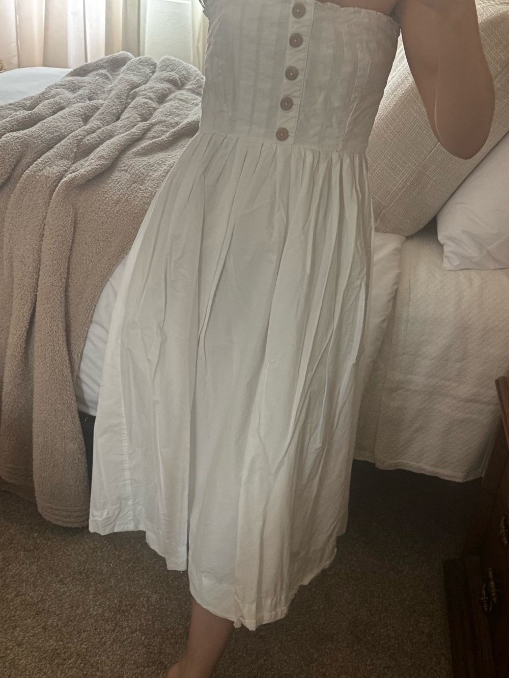Free People Strapless White Cotton Midi Dress with Brown Wood-Like Button Detail